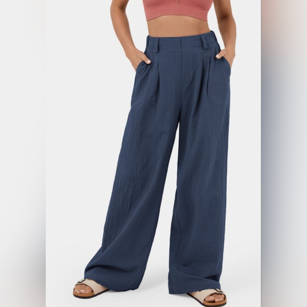 High Waisted Plicated Side Pocket Wide Leg Flowy Solid Palazzo Casual Cotton Pan